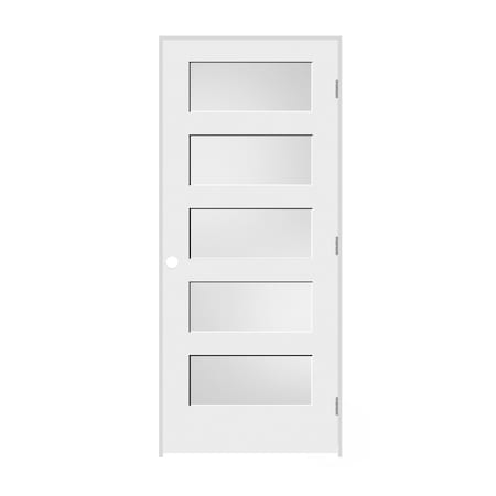 Codel Doors 34"x80"x1-3/8" Primed 5-Panel Equal Panel w/White Lami Glass Interior Shaker 4-9/16" LH Prehung Door 2168pri8405GLLH26D4916